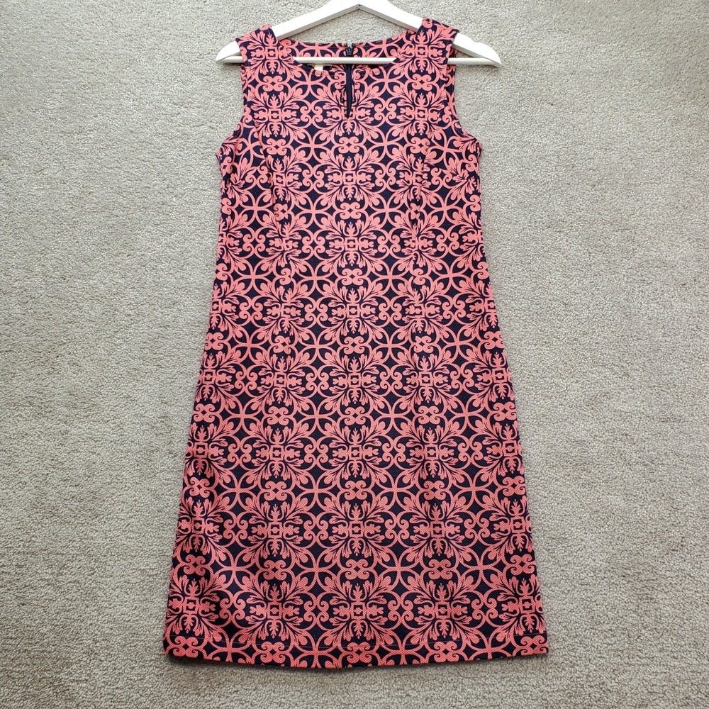 Talbots Shift Dress Womens 2P Pink Navy Damask Medallion Sleeveless Split V Neck